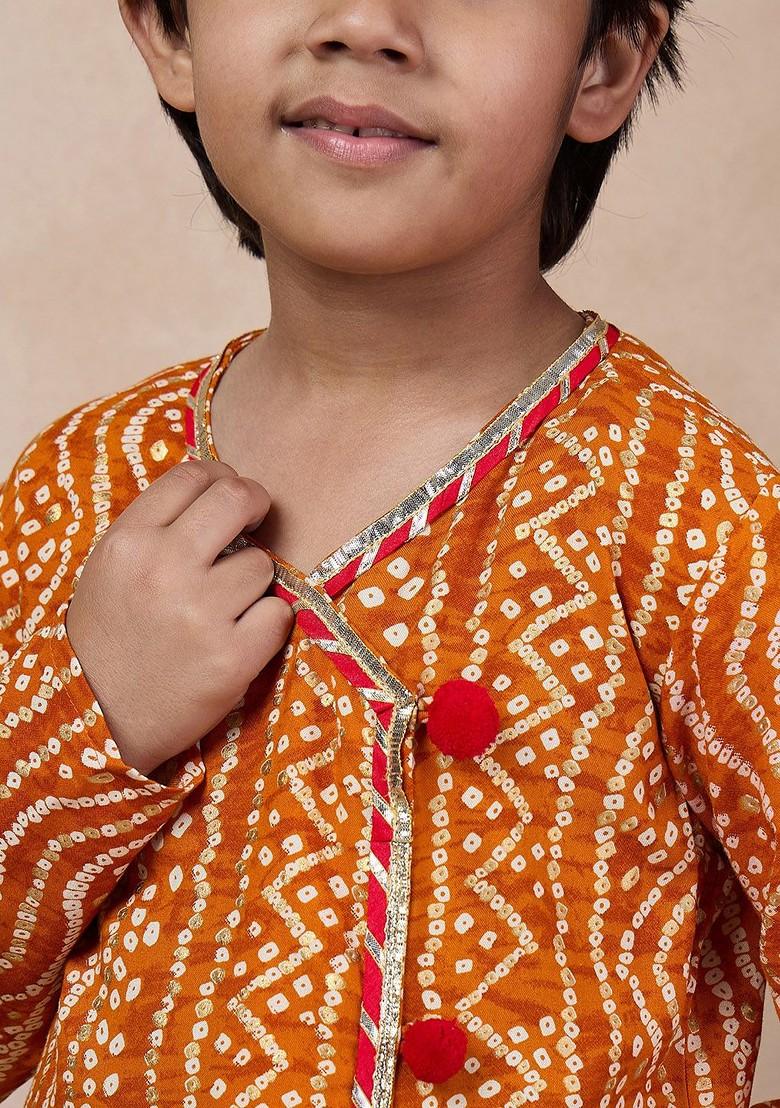 Mustard Yellow Printed Poly Blend Kurta Set For Boy
