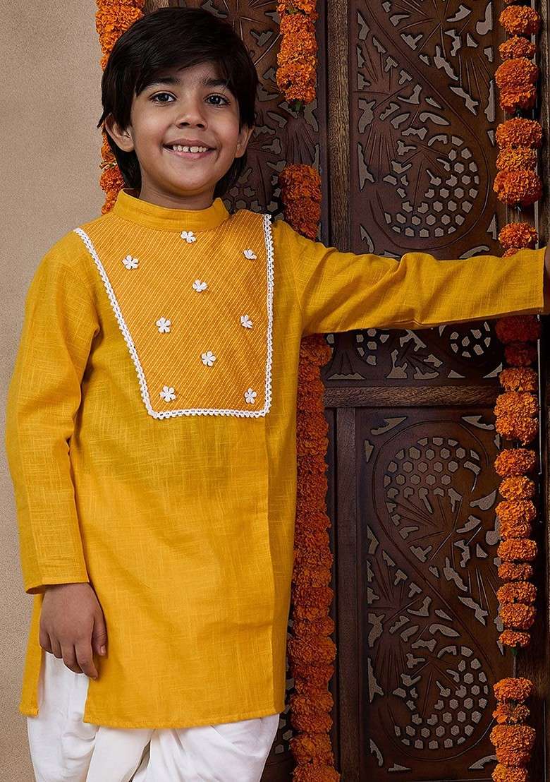 Mustard Yellow Embroidered Poly Blend Kurta Set For Boy - Indya