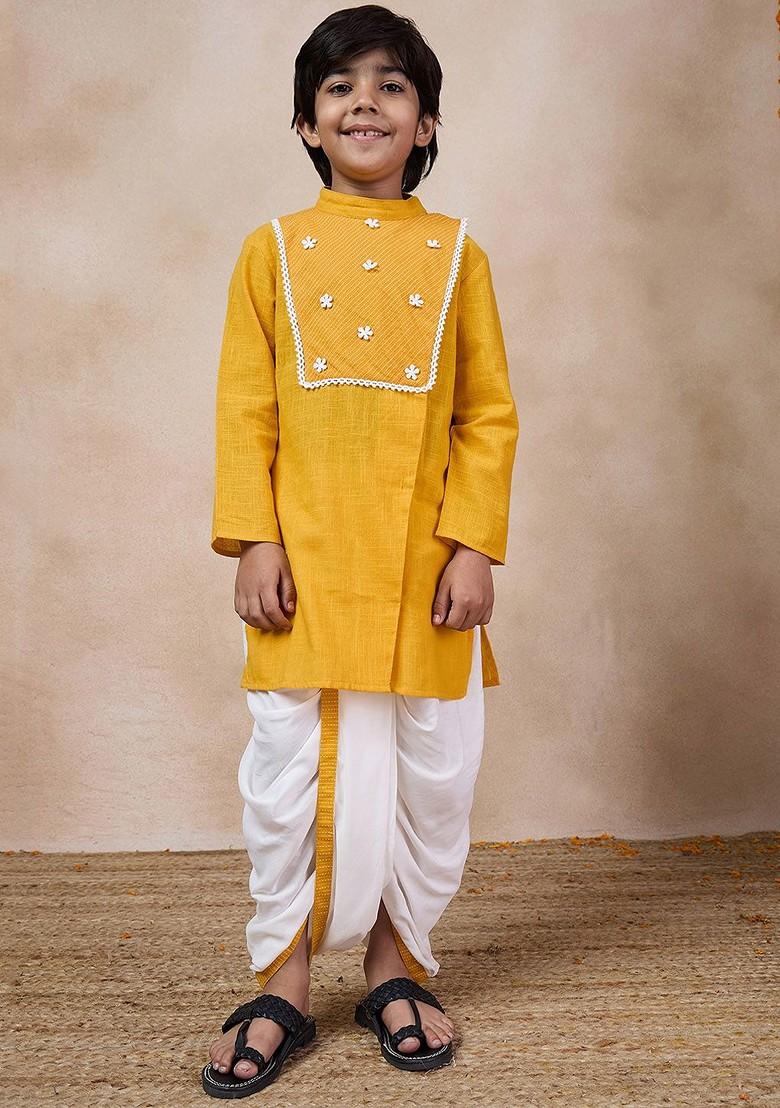 Mustard Yellow Embroidered Poly Blend Kurta Set For Boy