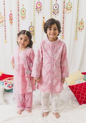 Pink Embroidered Poly Blend Kurta Set For Boy