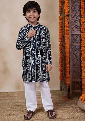 Blue Printed Poly Blend Kurta Set For Boy
