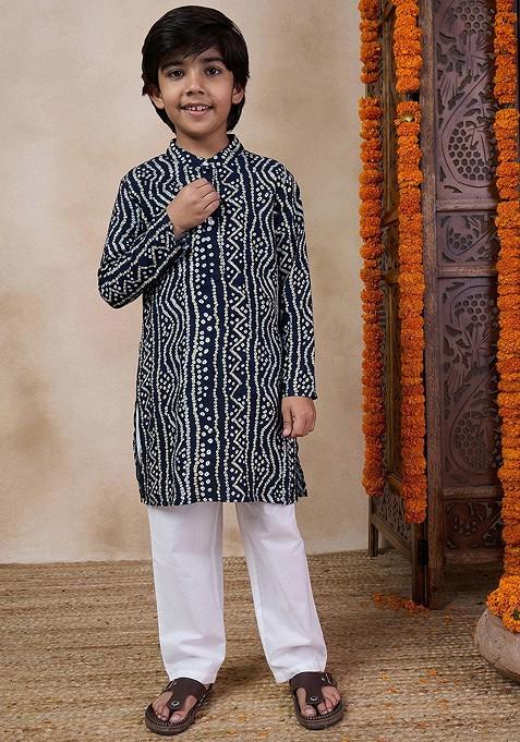 Blue Printed Poly Blend Kurta Set For Boy