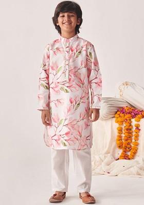 Pink Printed Poly Blend Kurta Set For Boy