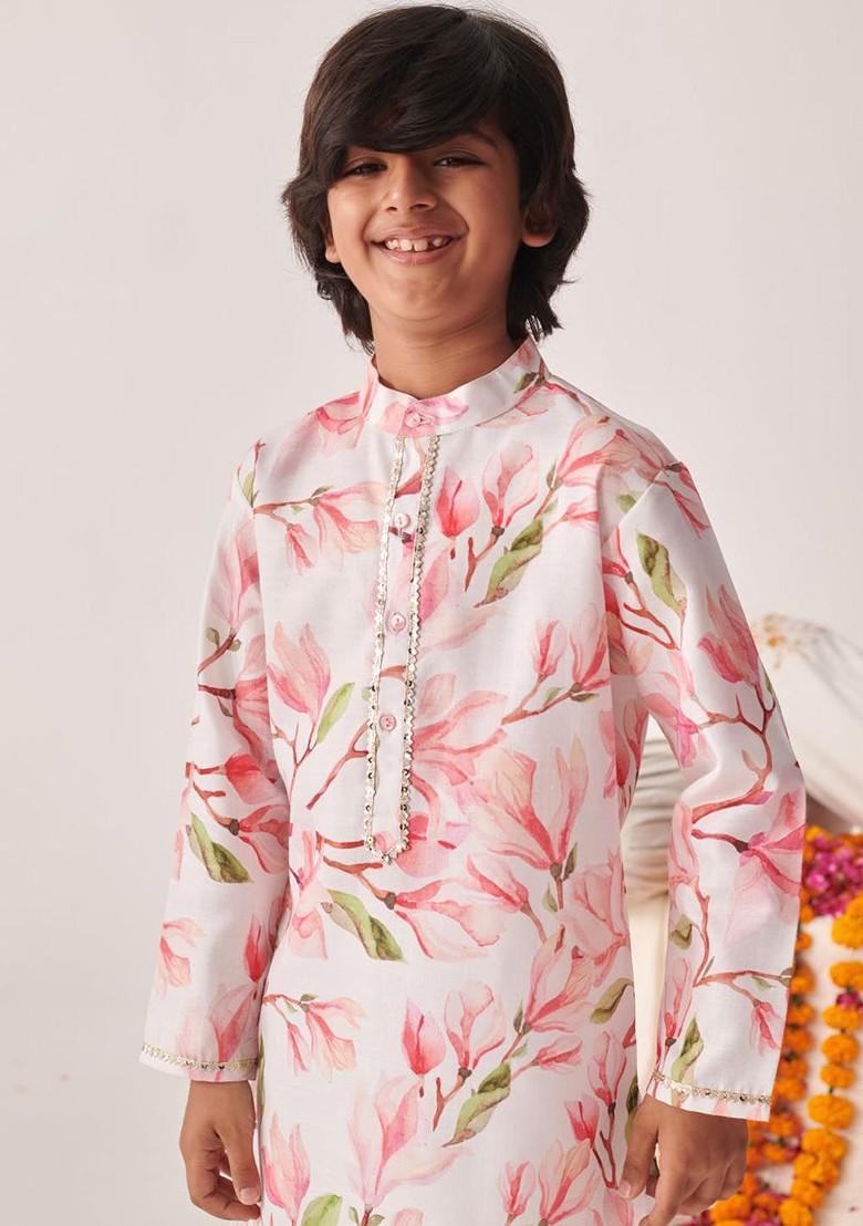 Pink Printed Poly Blend Kurta Set For Boy