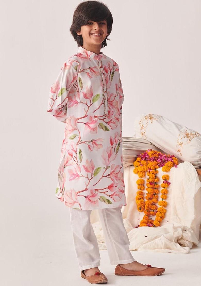 Pink Printed Poly Blend Kurta Set For Boy