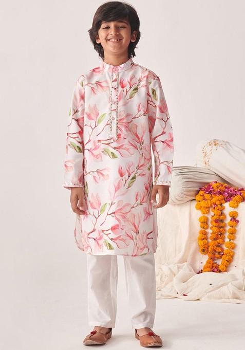 Pink Printed Poly Blend Kurta Set For Boy
