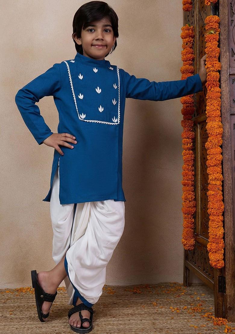 Blue Embroidered Poly Blend Kurta Set For Boy