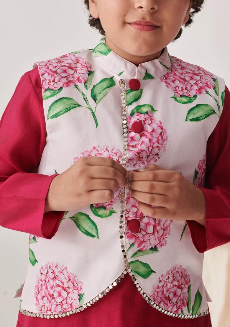 Burgundy Embroidered Poly Blend Kurta Set For Boy