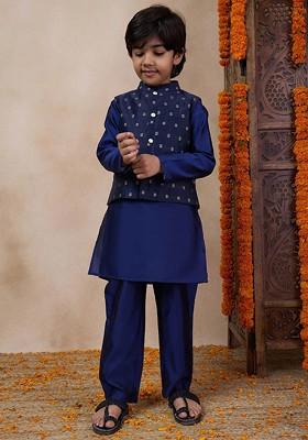 Blue Embroidered Poly Blend Kurta Set For Boy