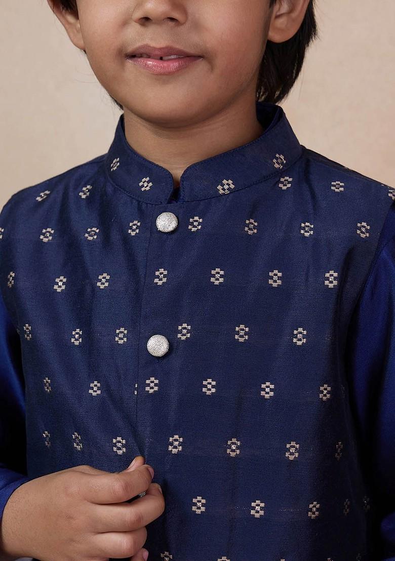 Blue Embroidered Poly Blend Kurta Set For Boy
