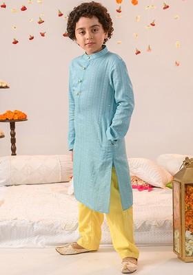 Blue Printed Poly Blend Kurta Set For Boy