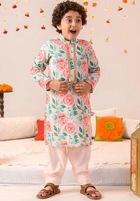 Peach Printed Poly Blend Kurta Set For Boy