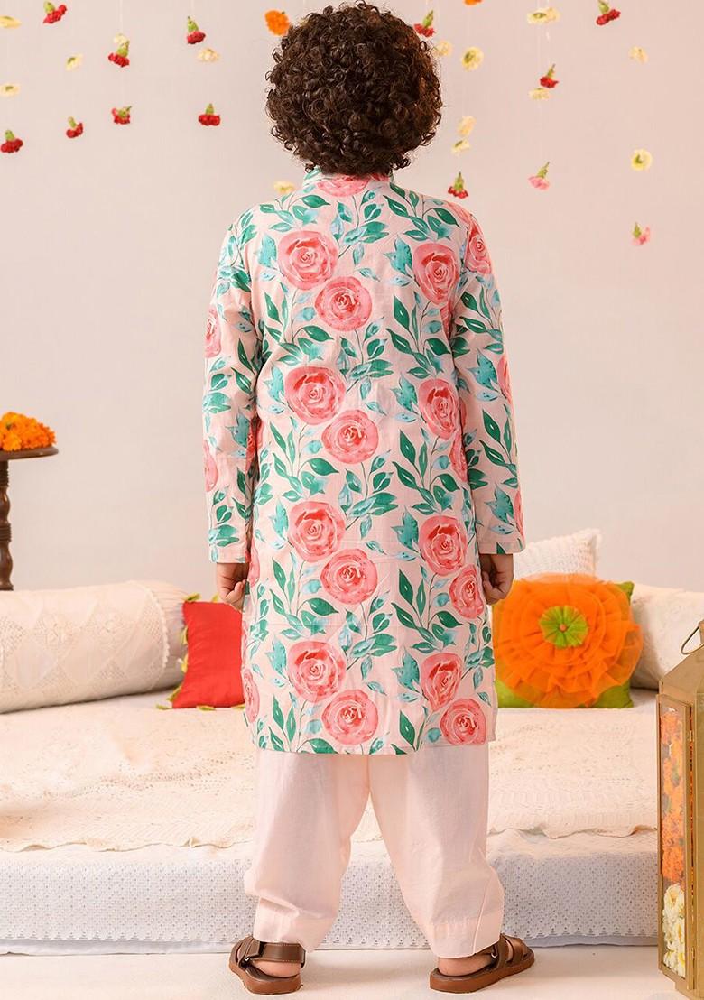 Peach Printed Poly Blend Kurta Set For Boy