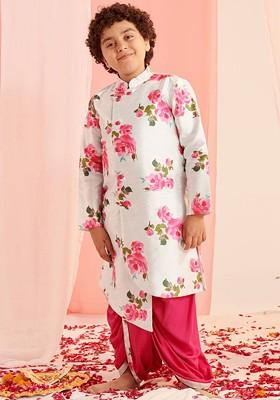 White Printed Poly Blend Kurta Set For Boy