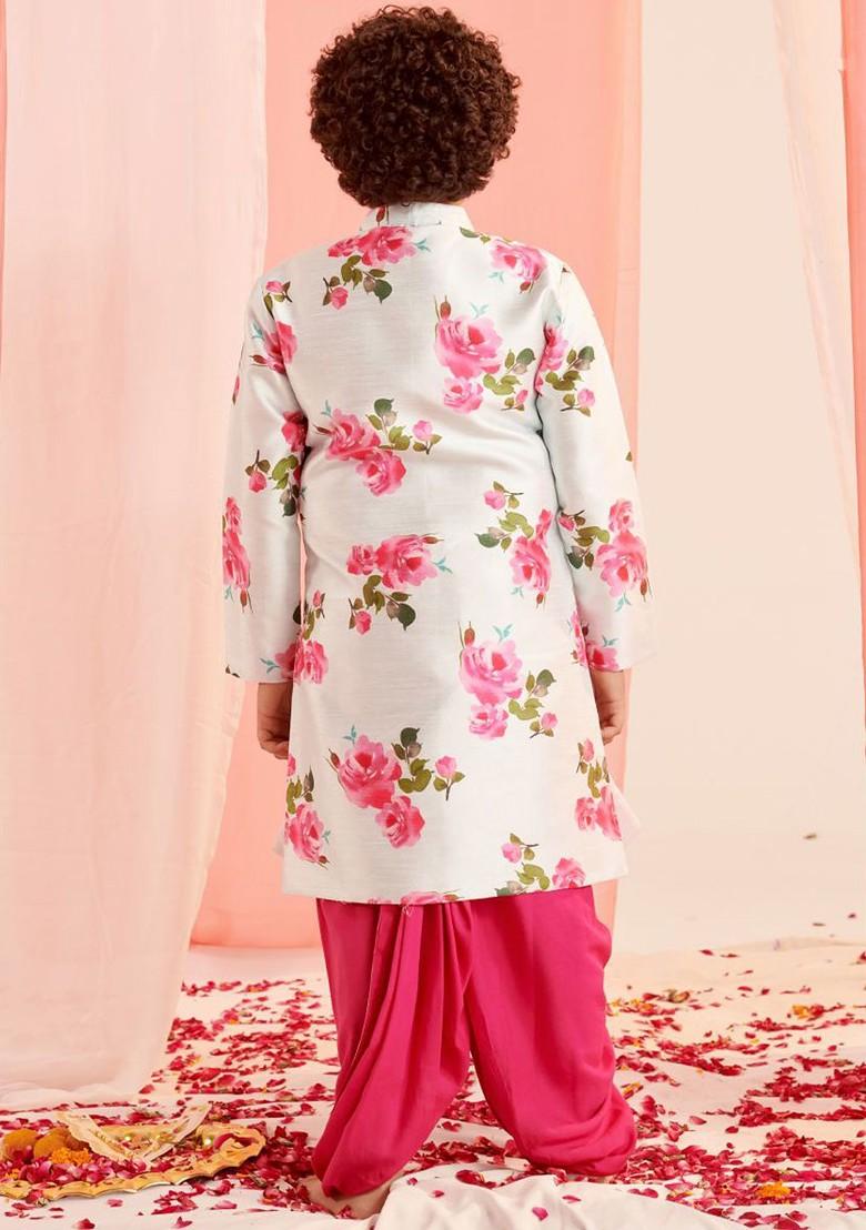 White Printed Poly Blend Kurta Set For Boy