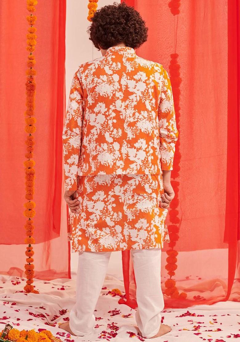 Orange Printed Poly Blend Kurta Set For Boy