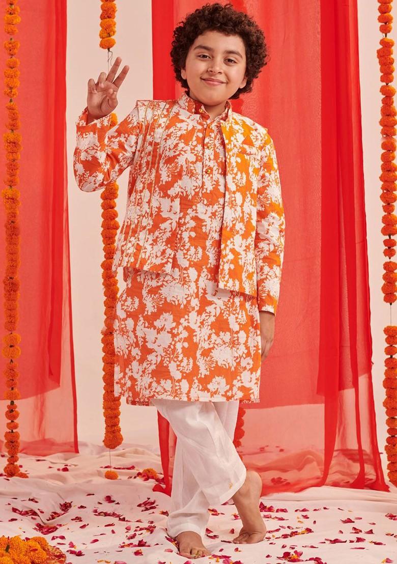 Orange Printed Poly Blend Kurta Set For Boy