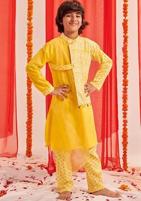 Yellow Printed Poly Blend Kurta Set For Boy
