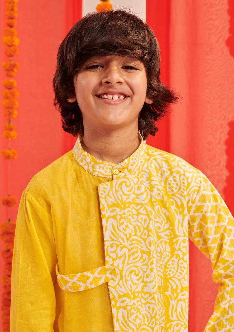 Yellow Printed Poly Blend Kurta Set For Boy