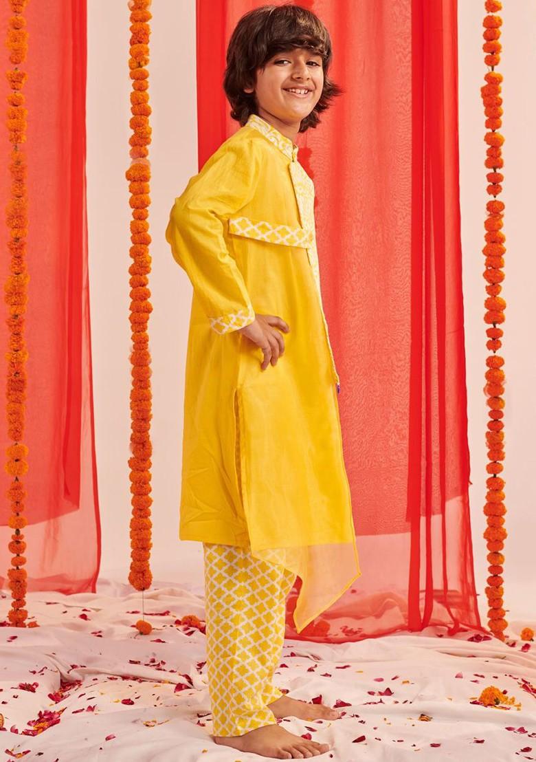 Yellow Printed Poly Blend Kurta Set For Boy