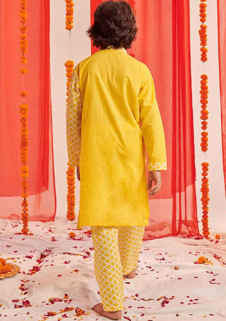 Yellow Printed Poly Blend Kurta Set For Boy