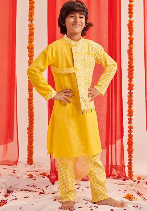 Yellow Printed Poly Blend Kurta Set For Boy