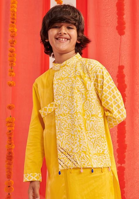 Yellow Printed Poly Blend Kurta Set For Boy