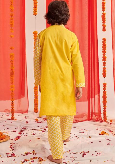 Yellow Printed Poly Blend Kurta Set For Boy