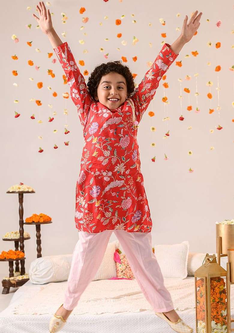 Red Printed Poly Blend Kurta Set For Boy - Indya