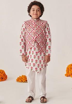 Magenta Printed Poly Blend Kurta Set For Boy