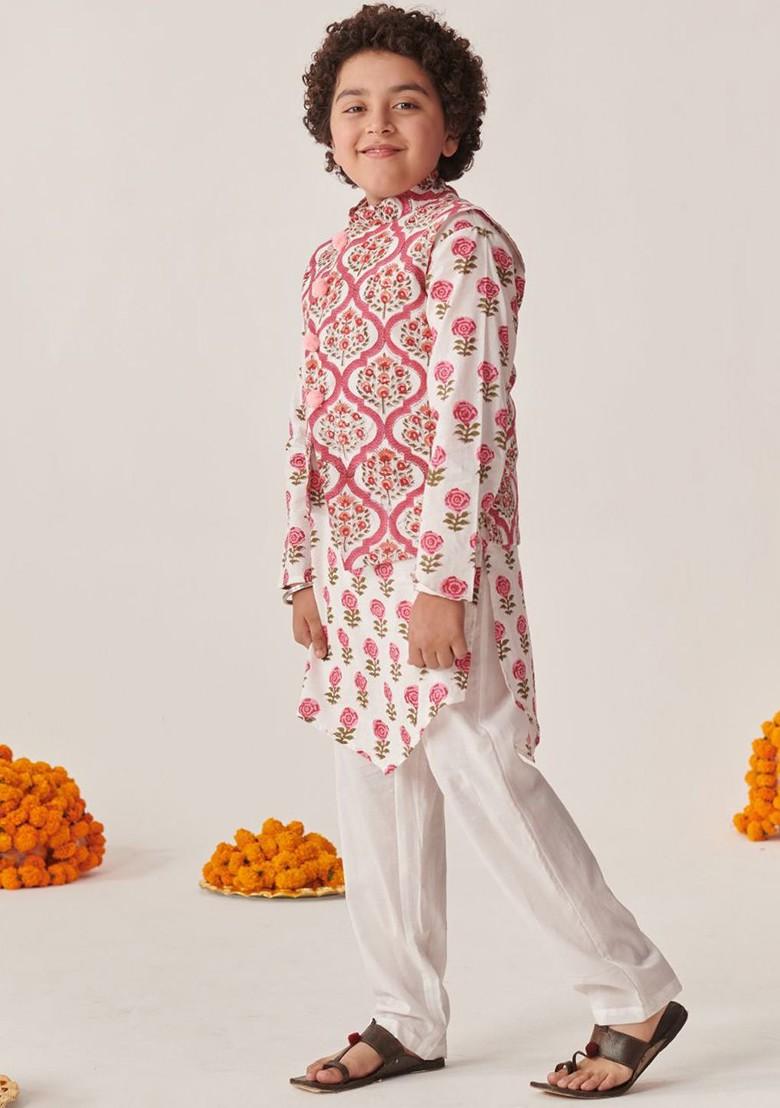 Magenta Printed Poly Blend Kurta Set For Boy