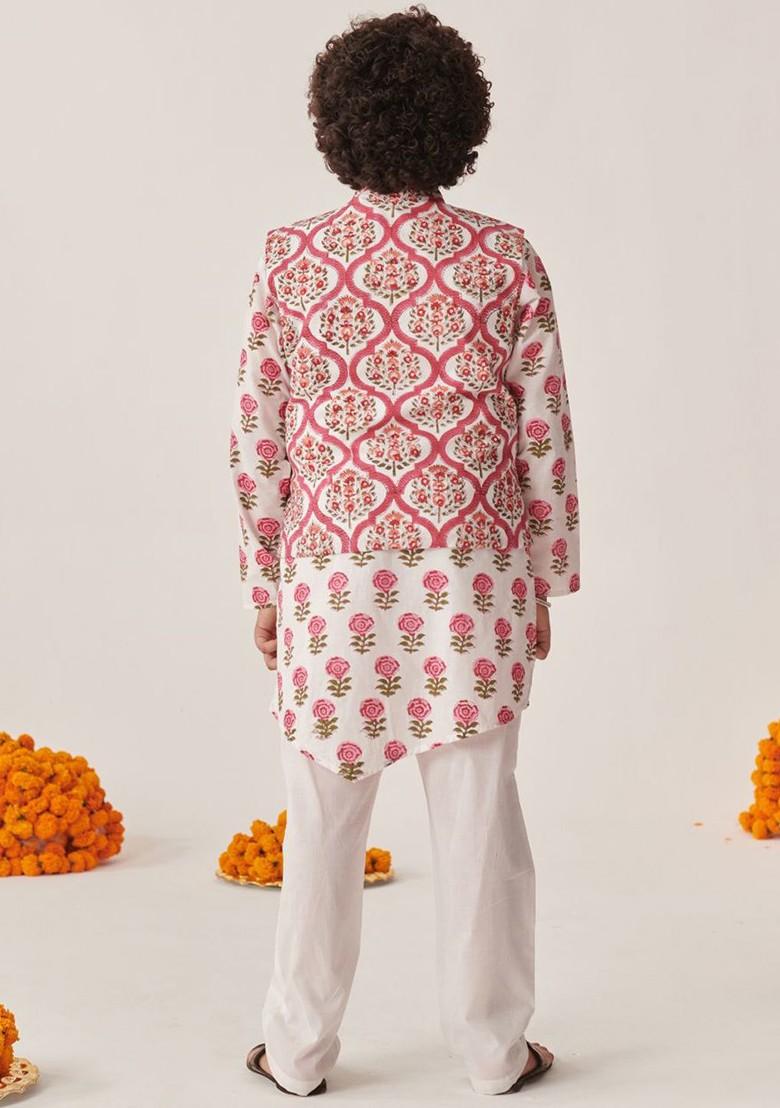 Magenta Printed Poly Blend Kurta Set For Boy