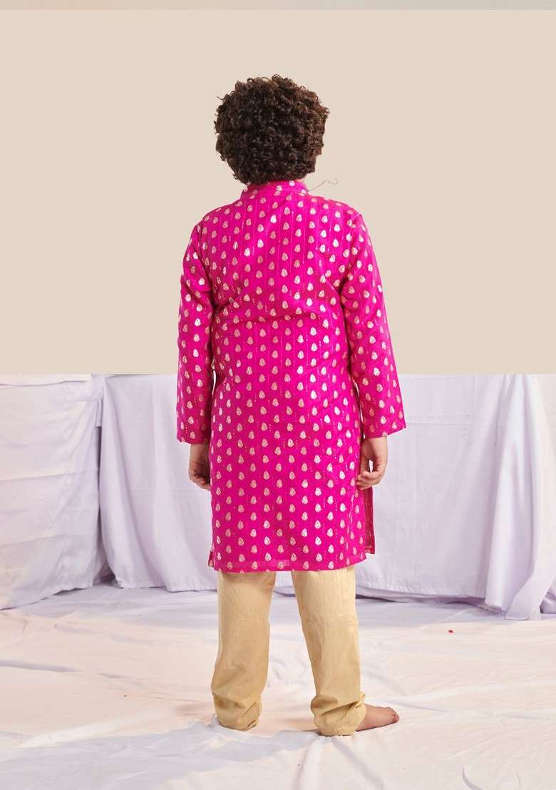 Magenta Printed Poly Blend Kurta Set For Boy - Indya