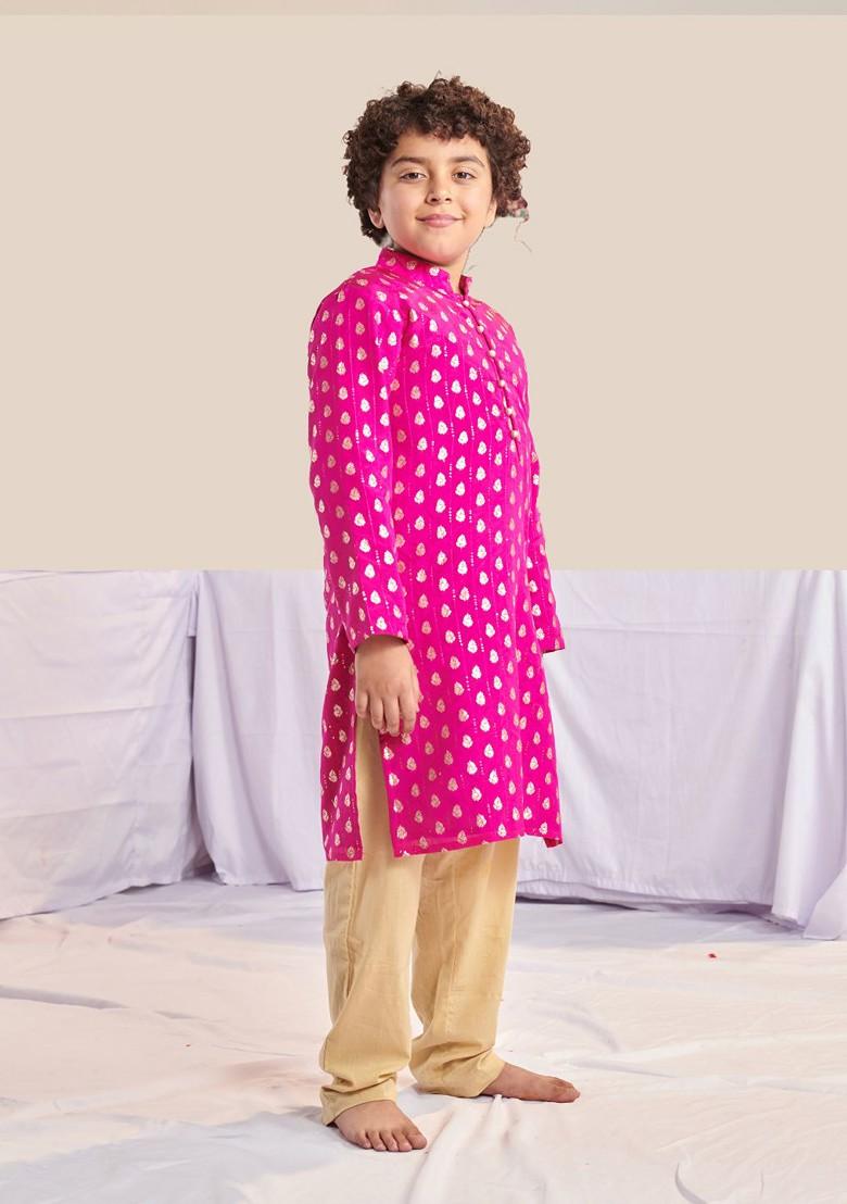 Magenta Printed Poly Blend Kurta Set For Boy