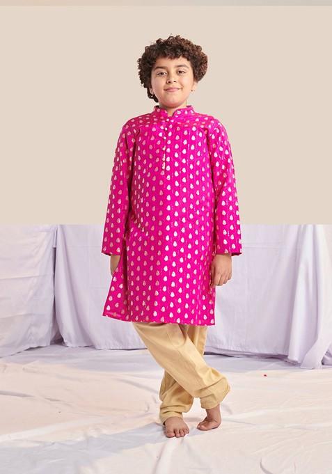 Magenta Printed Poly Blend Kurta Set For Boy