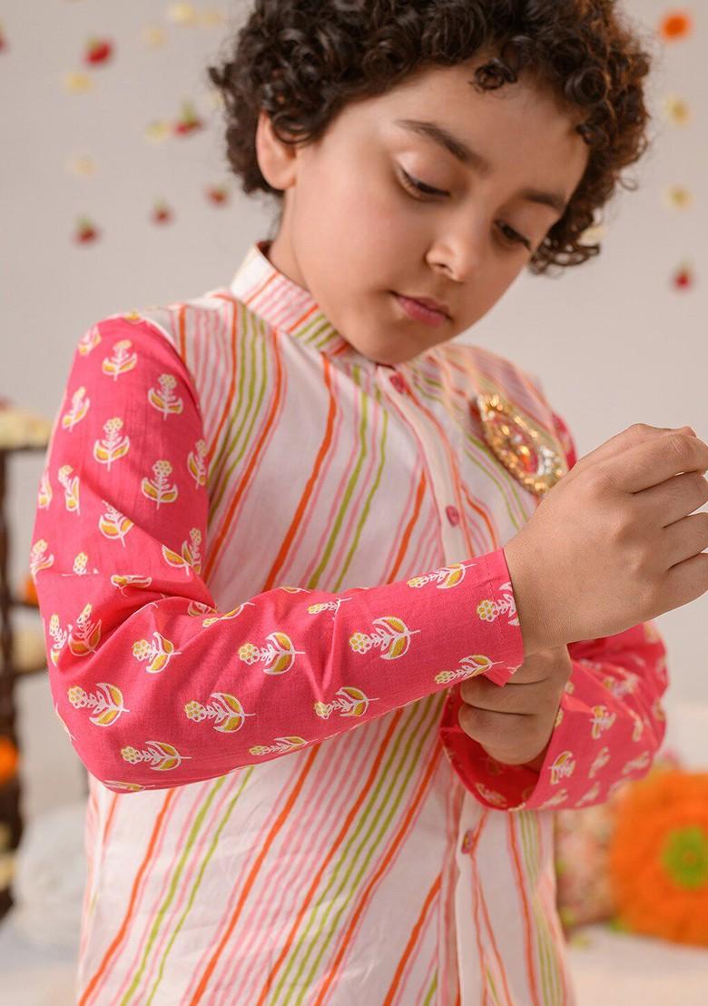 Pink Printed Poly Blend Kurta Set For Boy