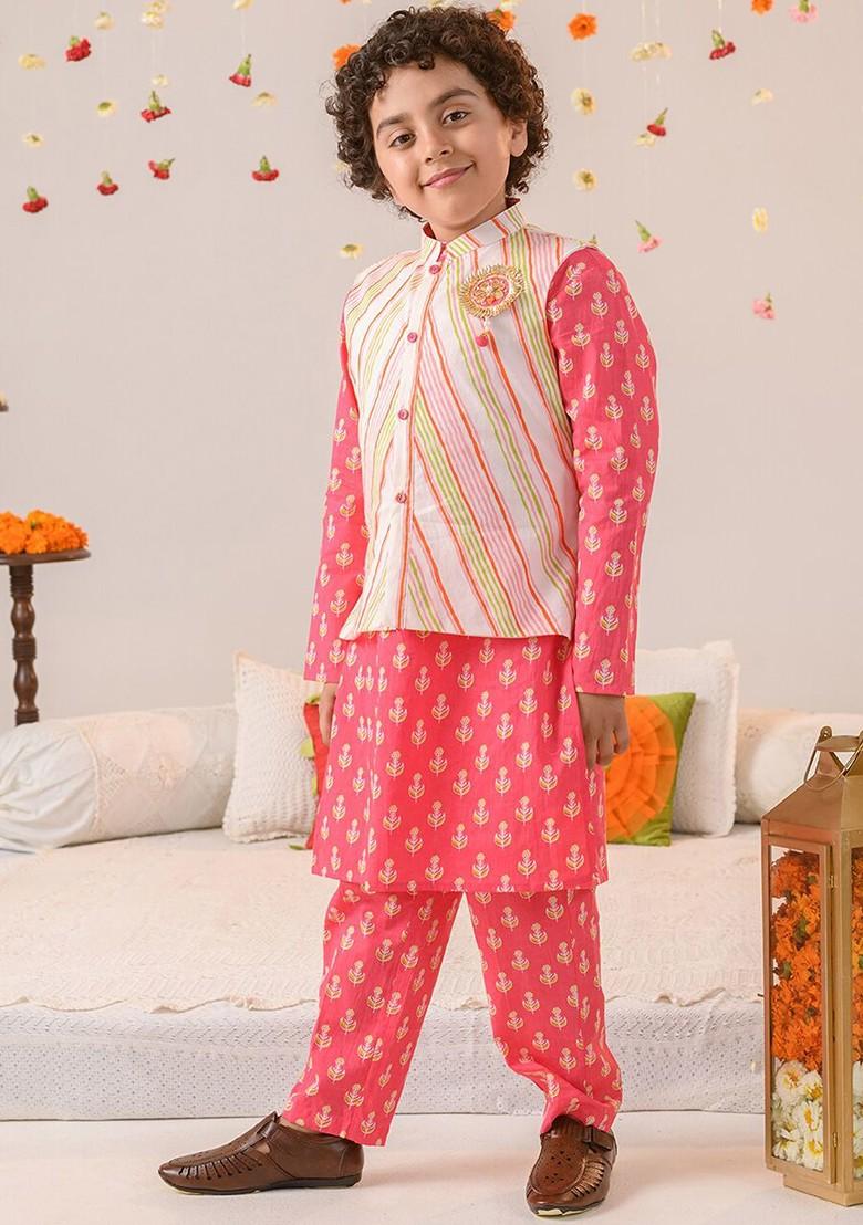 Pink Printed Poly Blend Kurta Set For Boy