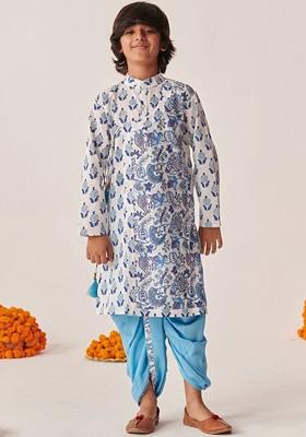 Blue Printed Poly Blend Kurta Set For Boy