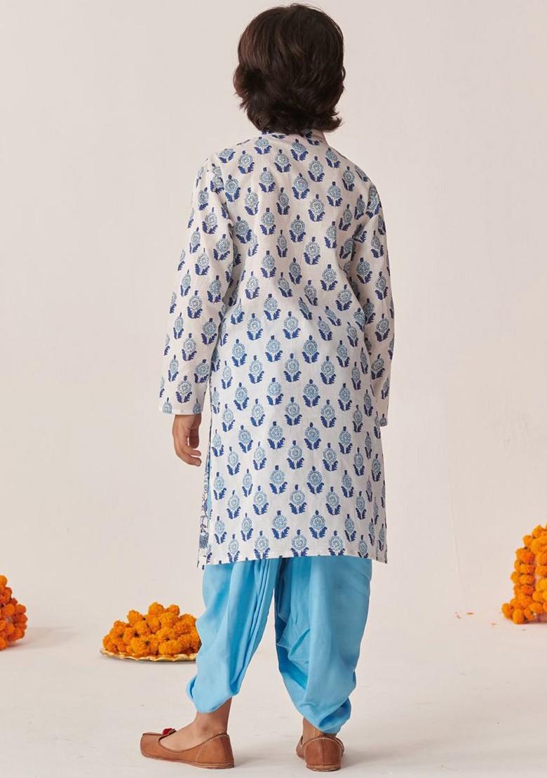 Blue Printed Poly Blend Kurta Set For Boy