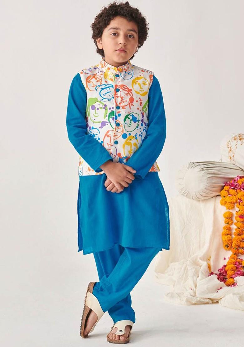 Blue Embroidered Poly Blend Kurta Set For Boy