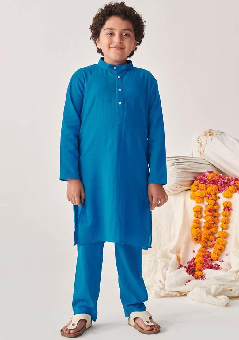 Blue Embroidered Poly Blend Kurta Set For Boy
