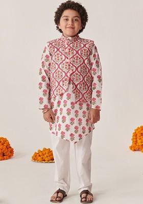 Magenta Printed Poly Blend Kurta Set For Boy