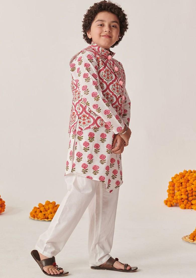 Magenta Printed Poly Blend Kurta Set For Boy