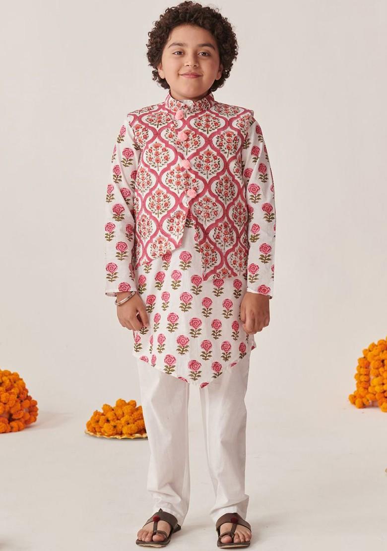 Magenta Printed Poly Blend Kurta Set For Boy