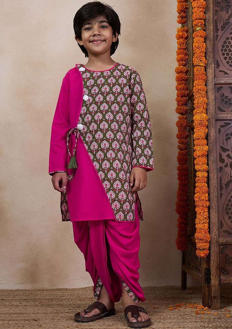 Magenta Printed Poly Blend Kurta Set For Boy - Indya