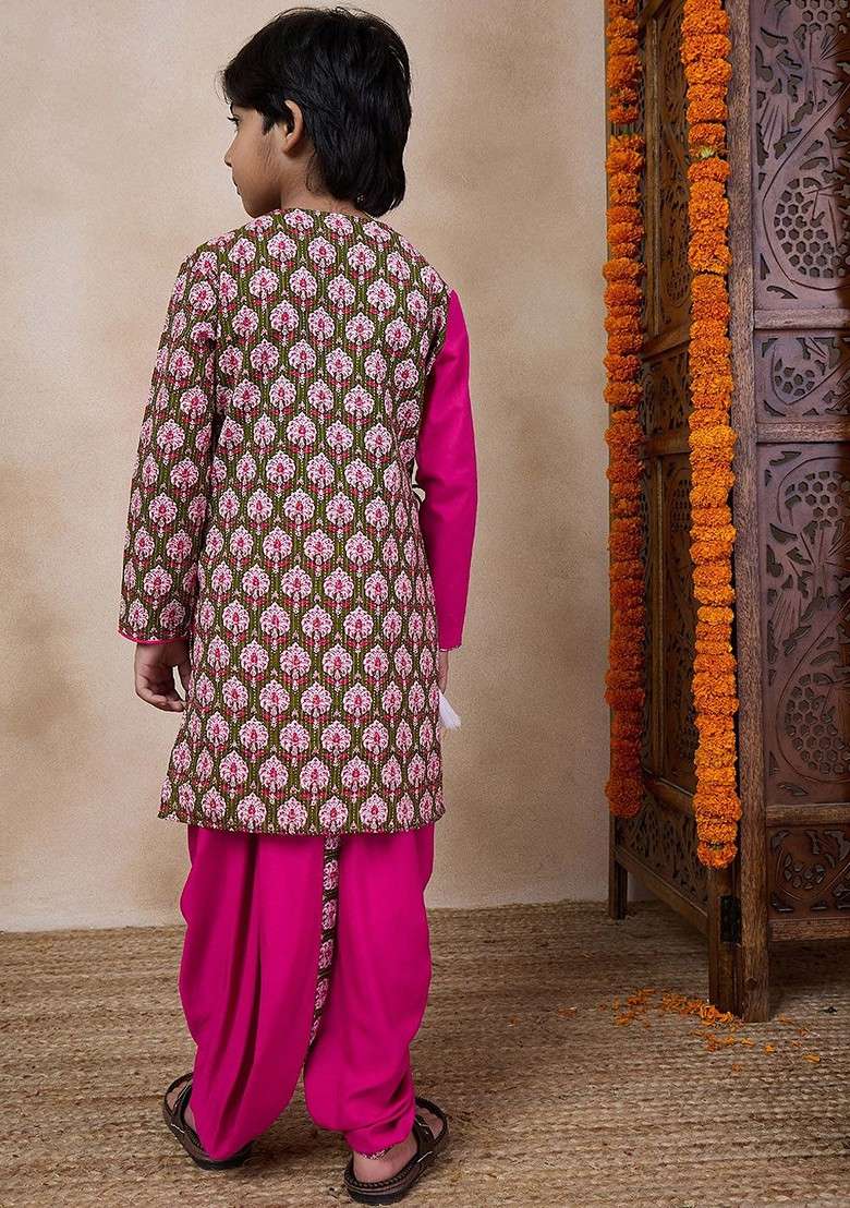 Magenta Printed Poly Blend Kurta Set For Boy - Indya
