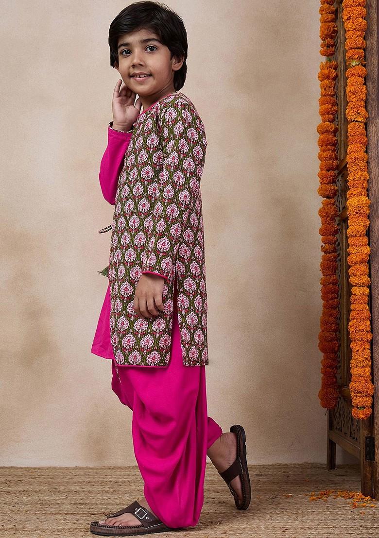 Magenta Printed Poly Blend Kurta Set For Boy