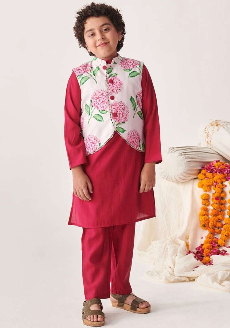 Burgundy Printed Poly Blend Kurta Set For Boy - Indya