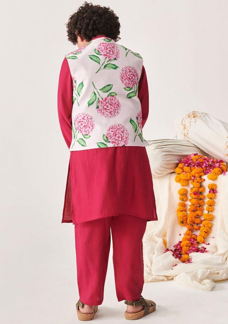Burgundy Printed Poly Blend Kurta Set For Boy