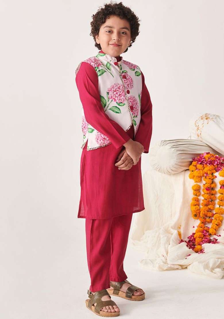 Burgundy Printed Poly Blend Kurta Set For Boy - Indya